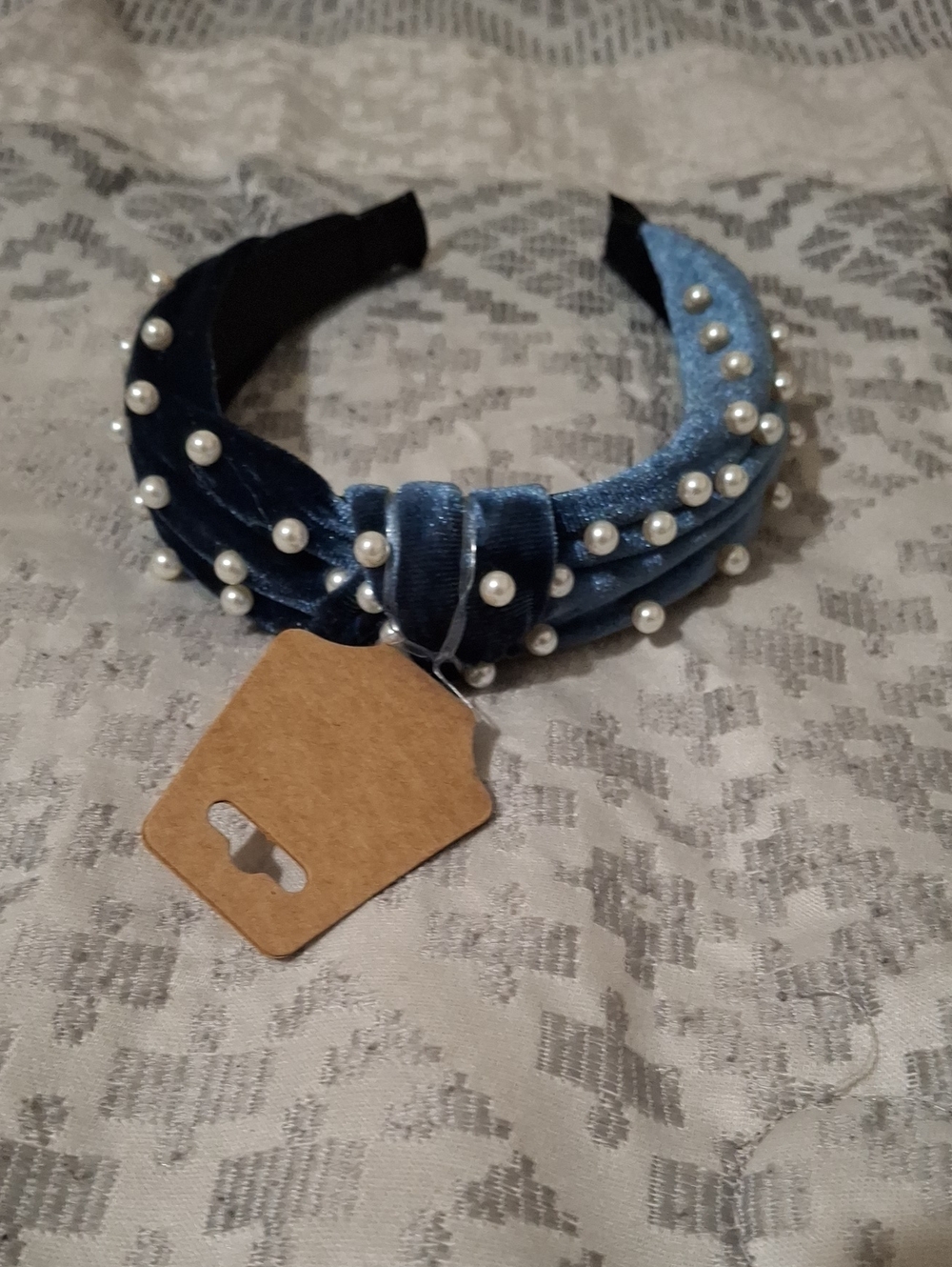 Pearl-Embellished Velvet Knot Headband - Blue